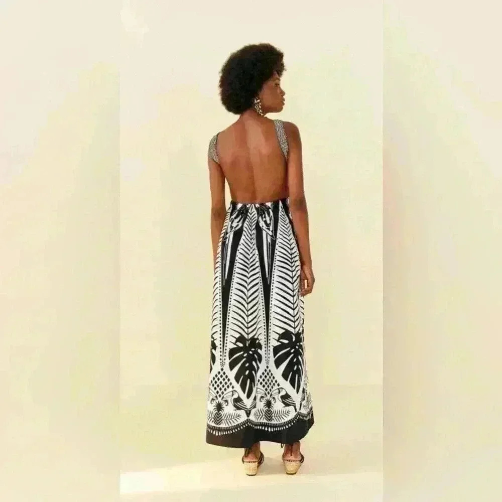 FARM Rio Macaw Black & White Cotton Backless Maxi Dress - Tropical Print - Picture 4 of 14